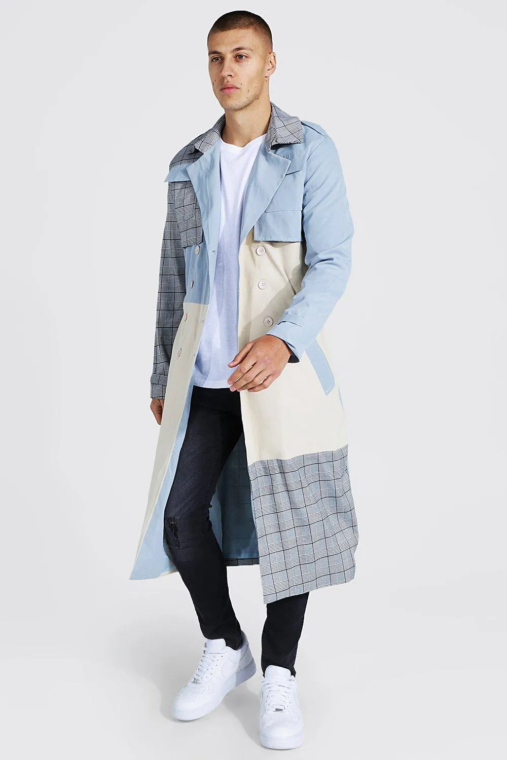 Patchwork Detail Trench Coat | boohooMAN UK