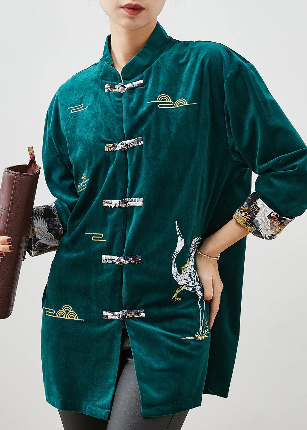 Peacock Green Velour Shirts Embroidered Chinese Button Spring