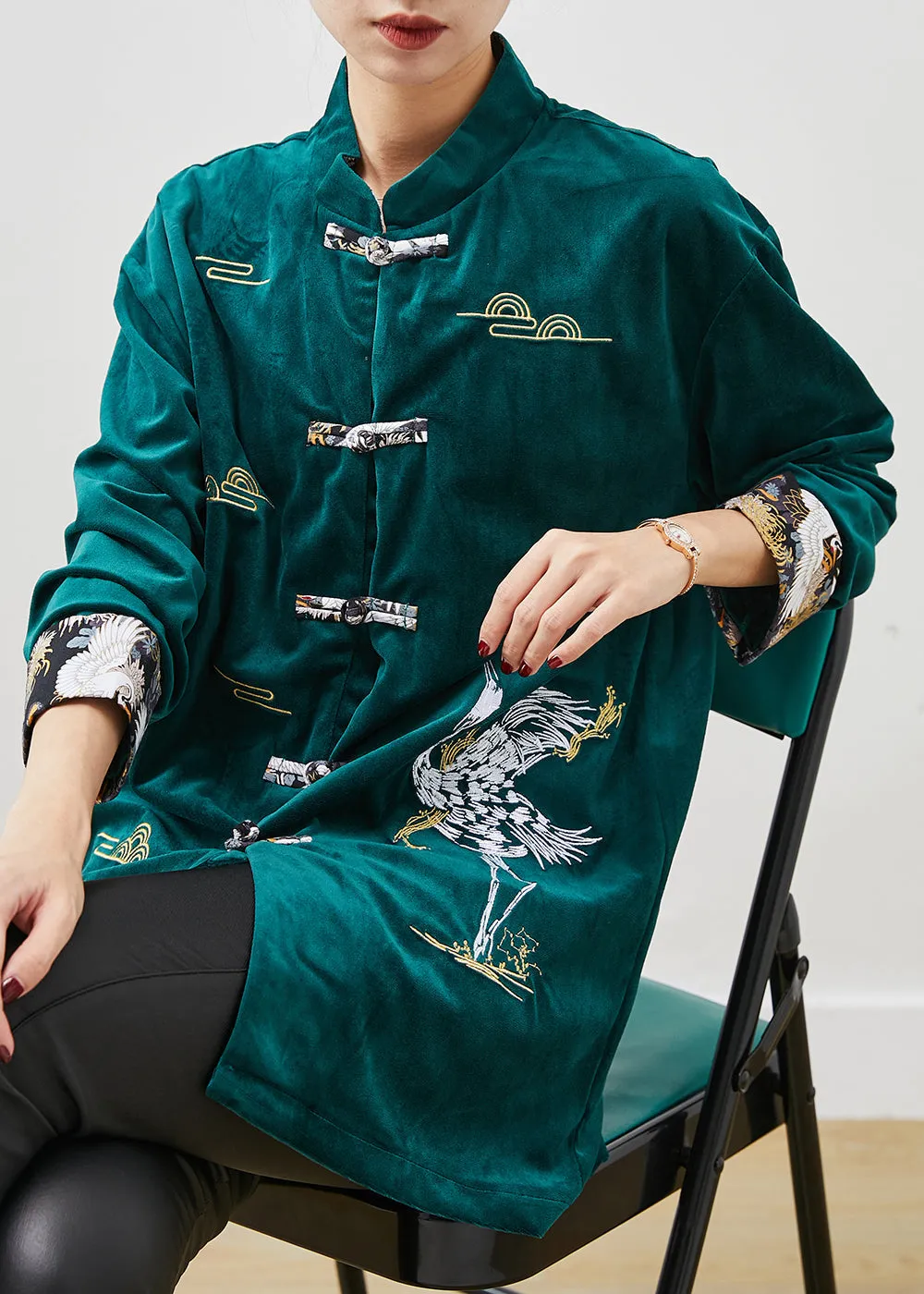 Peacock Green Velour Shirts Embroidered Chinese Button Spring