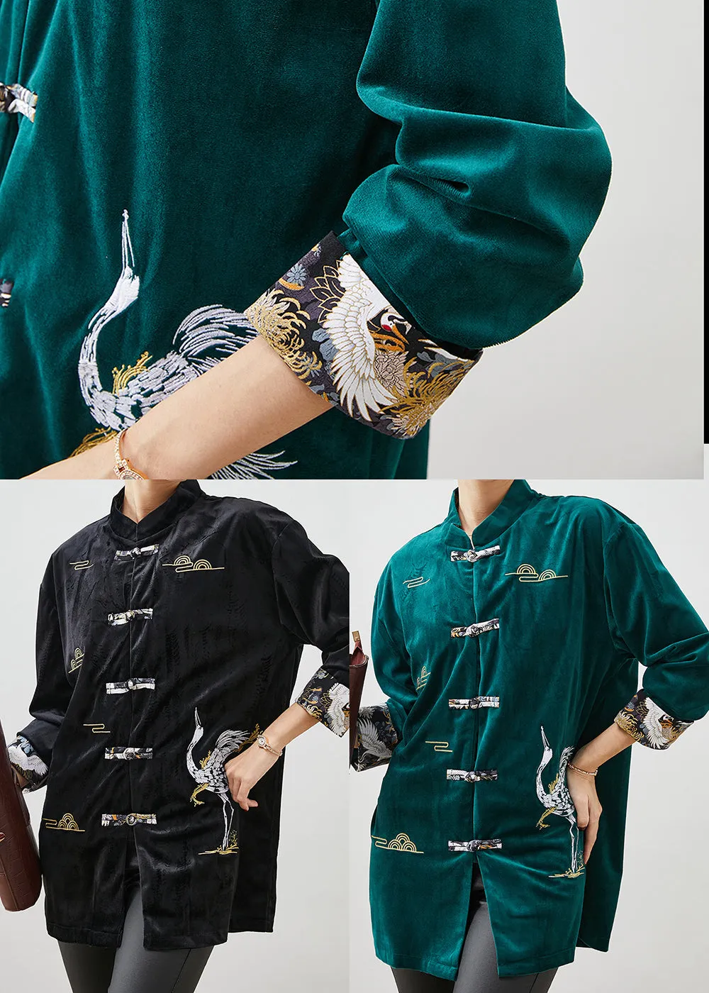 Peacock Green Velour Shirts Embroidered Chinese Button Spring