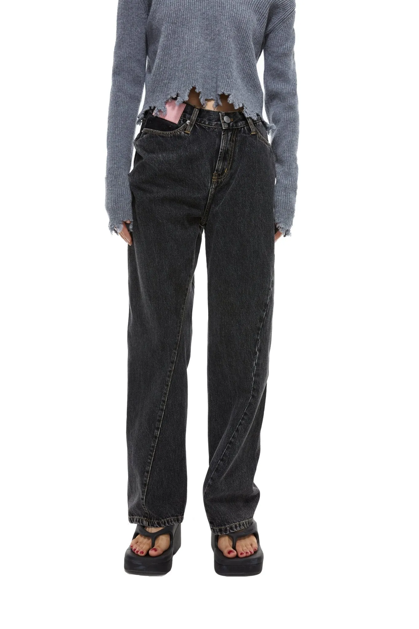 Pink Leather Distressed Jeans-