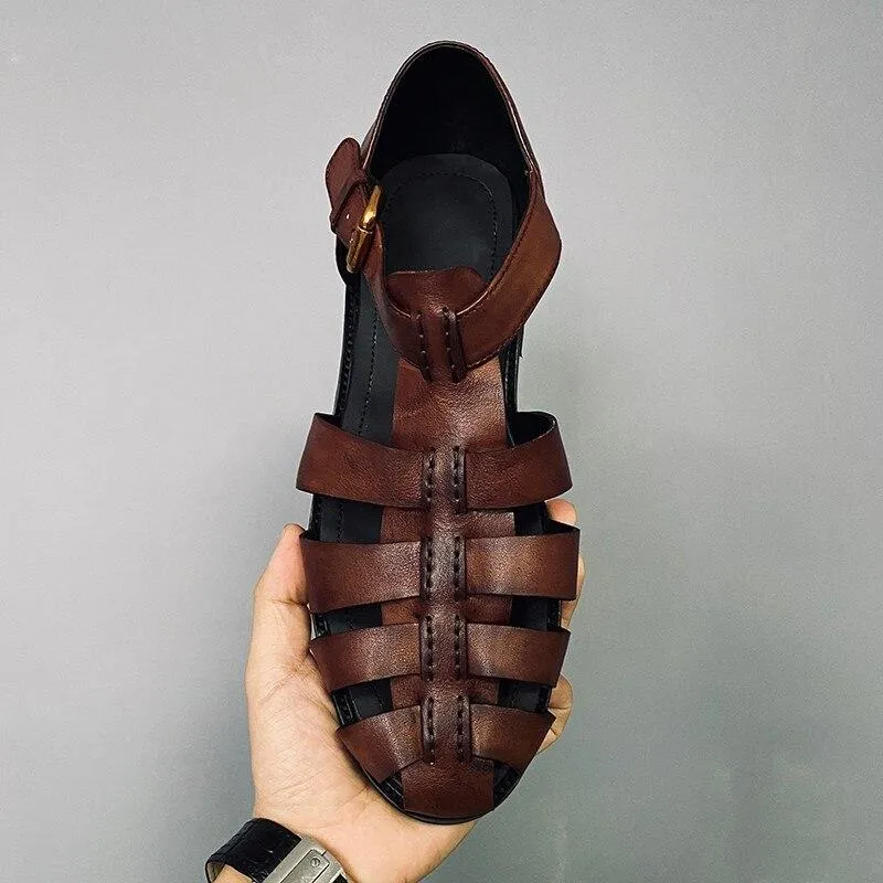 Plus Size Retro Rome Style Handmade Genuine Leather Men's Flat Sandals