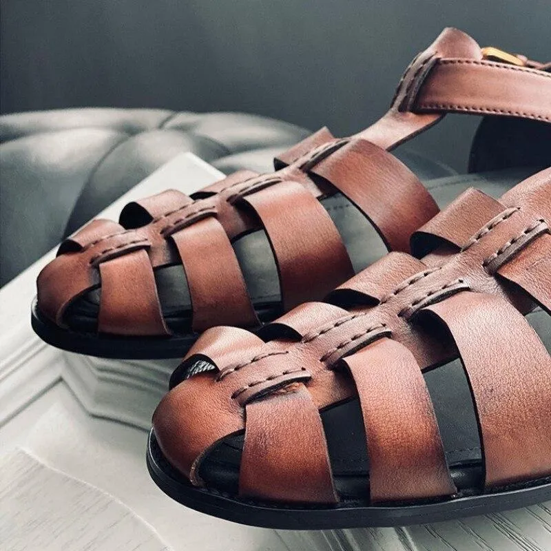 Plus Size Retro Rome Style Handmade Genuine Leather Men's Flat Sandals