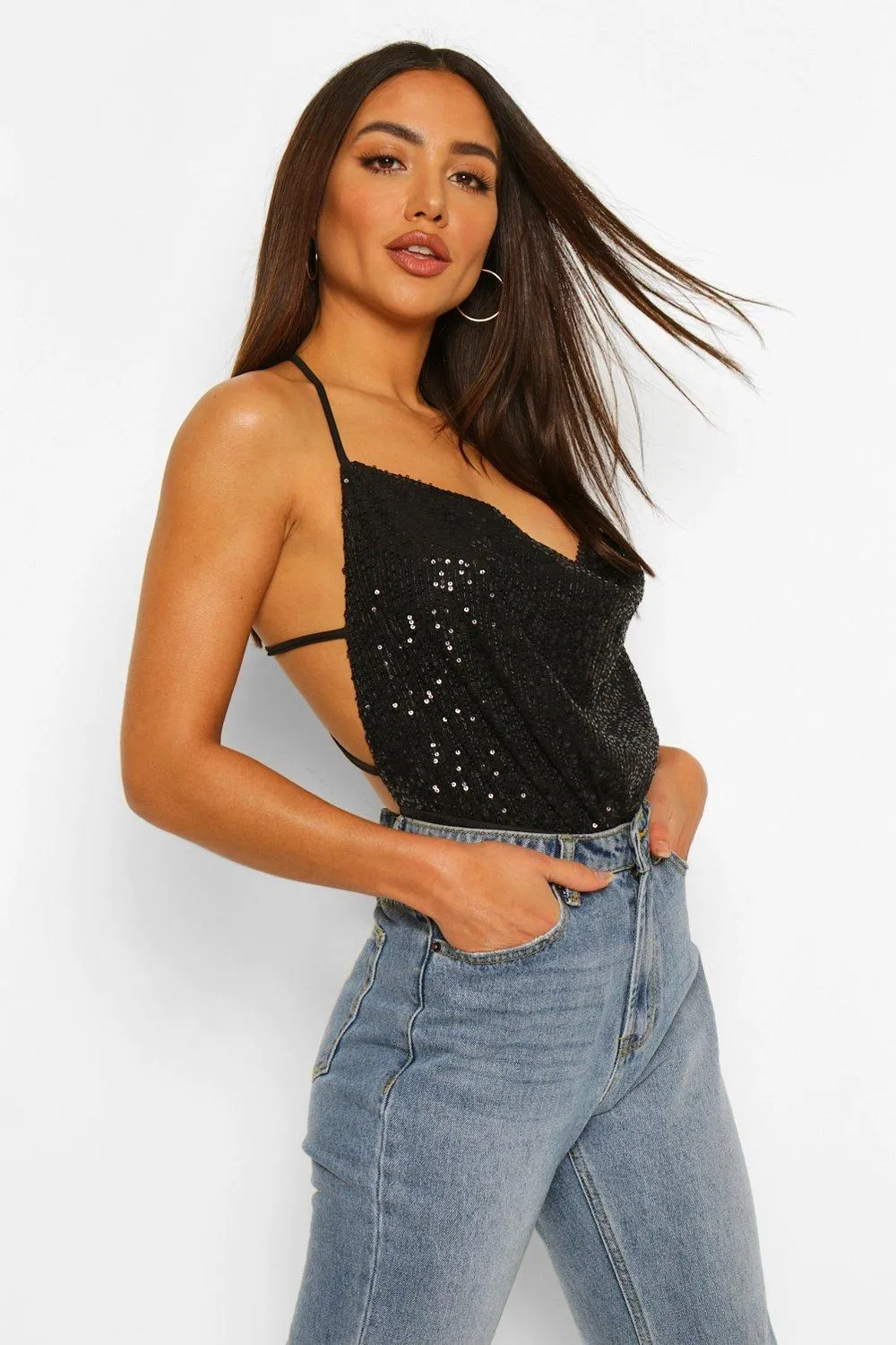 Sequin Cowl Neck Bodysuit