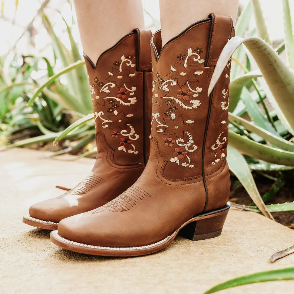 Soto Boots Tan Embroidered Floral Square Toe Cowgirl Boots M4006