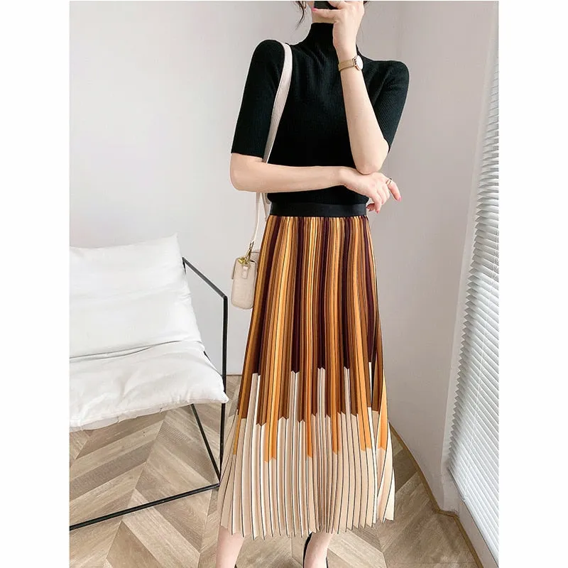 Spring Women Pleated Elastic High Waist Piano Print Chiffon A-Line Skirts