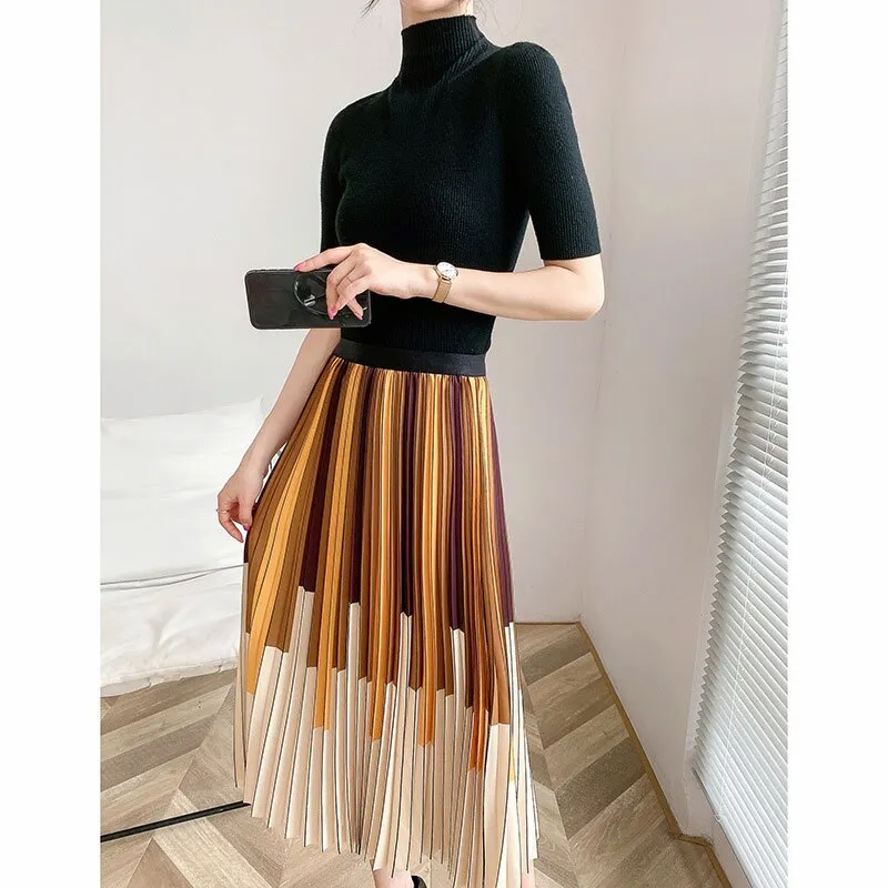 Spring Women Pleated Elastic High Waist Piano Print Chiffon A-Line Skirts