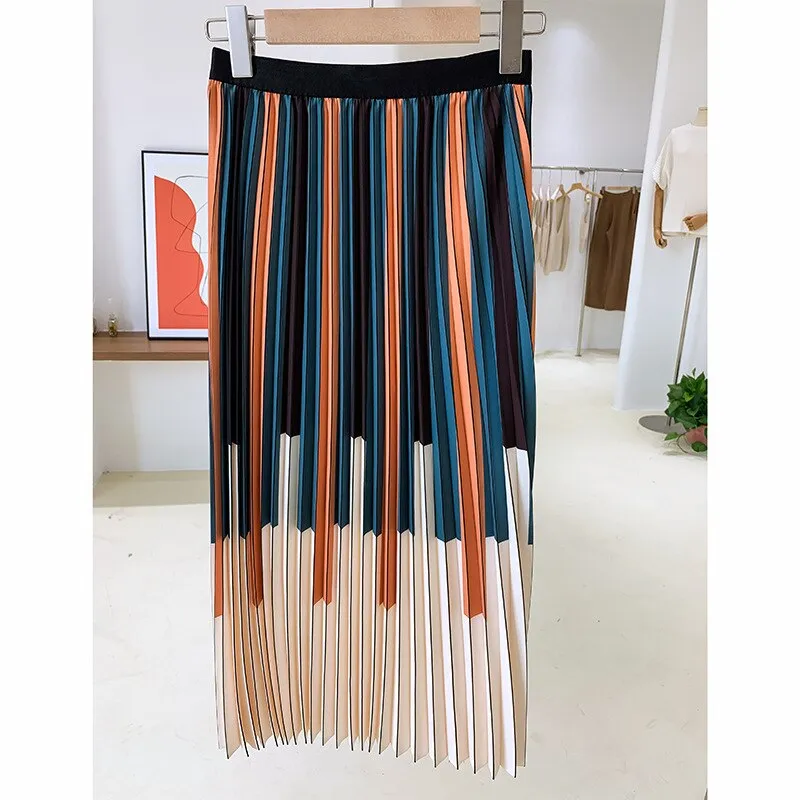 Spring Women Pleated Elastic High Waist Piano Print Chiffon A-Line Skirts