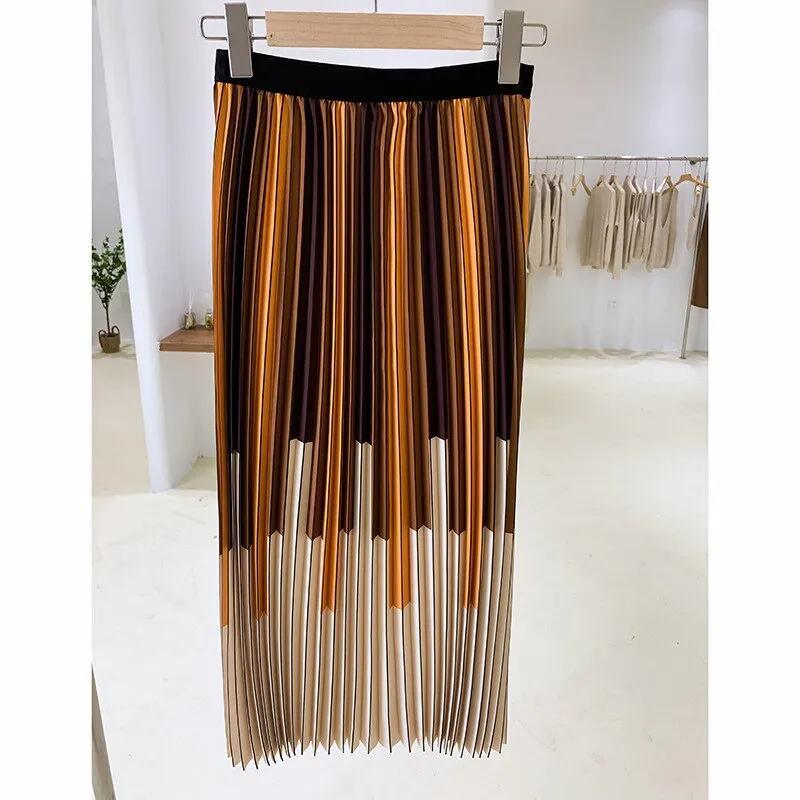 Spring Women Pleated Elastic High Waist Piano Print Chiffon A-Line Skirts