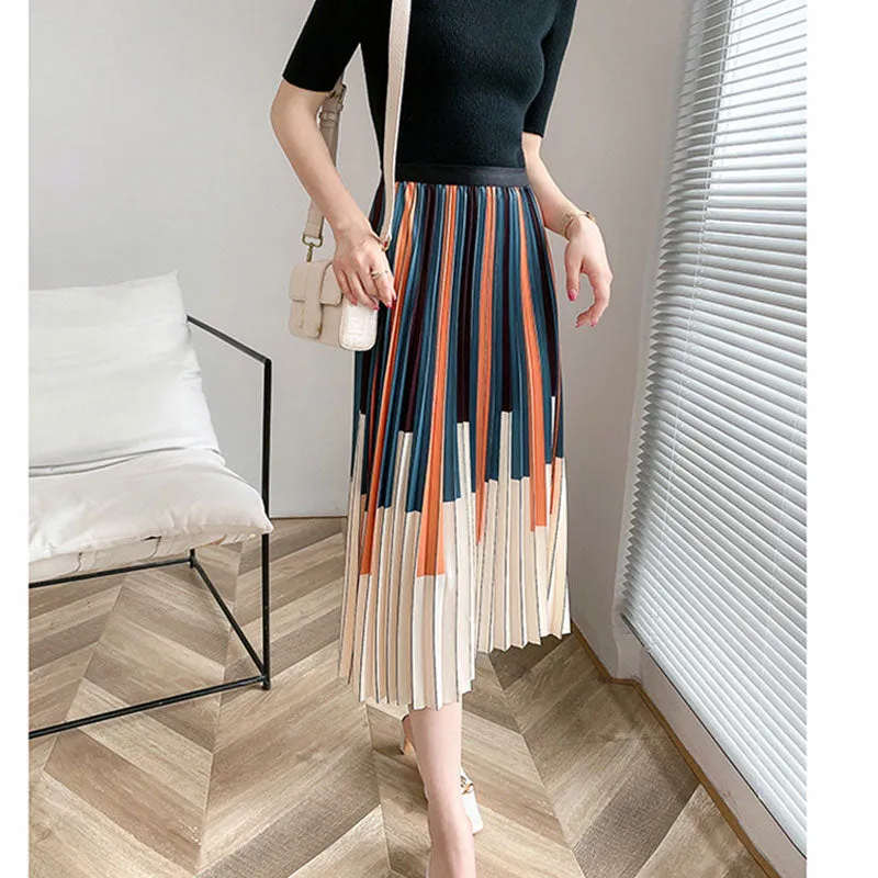 Spring Women Pleated Elastic High Waist Piano Print Chiffon A-Line Skirts