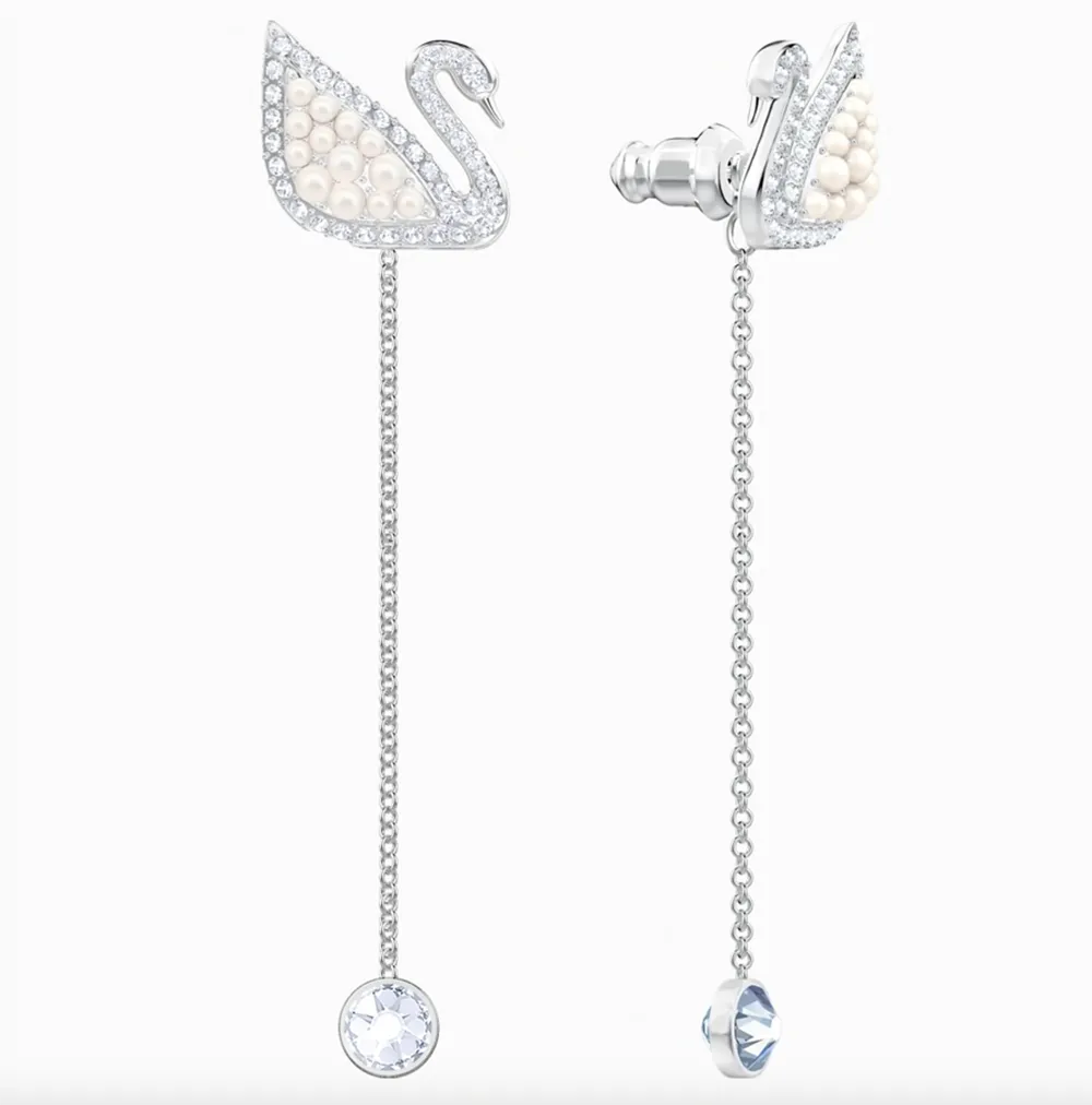 Swarovski ICONIC SWAN PIERCED EARRINGS, White, Rhodium Plated- 5429270