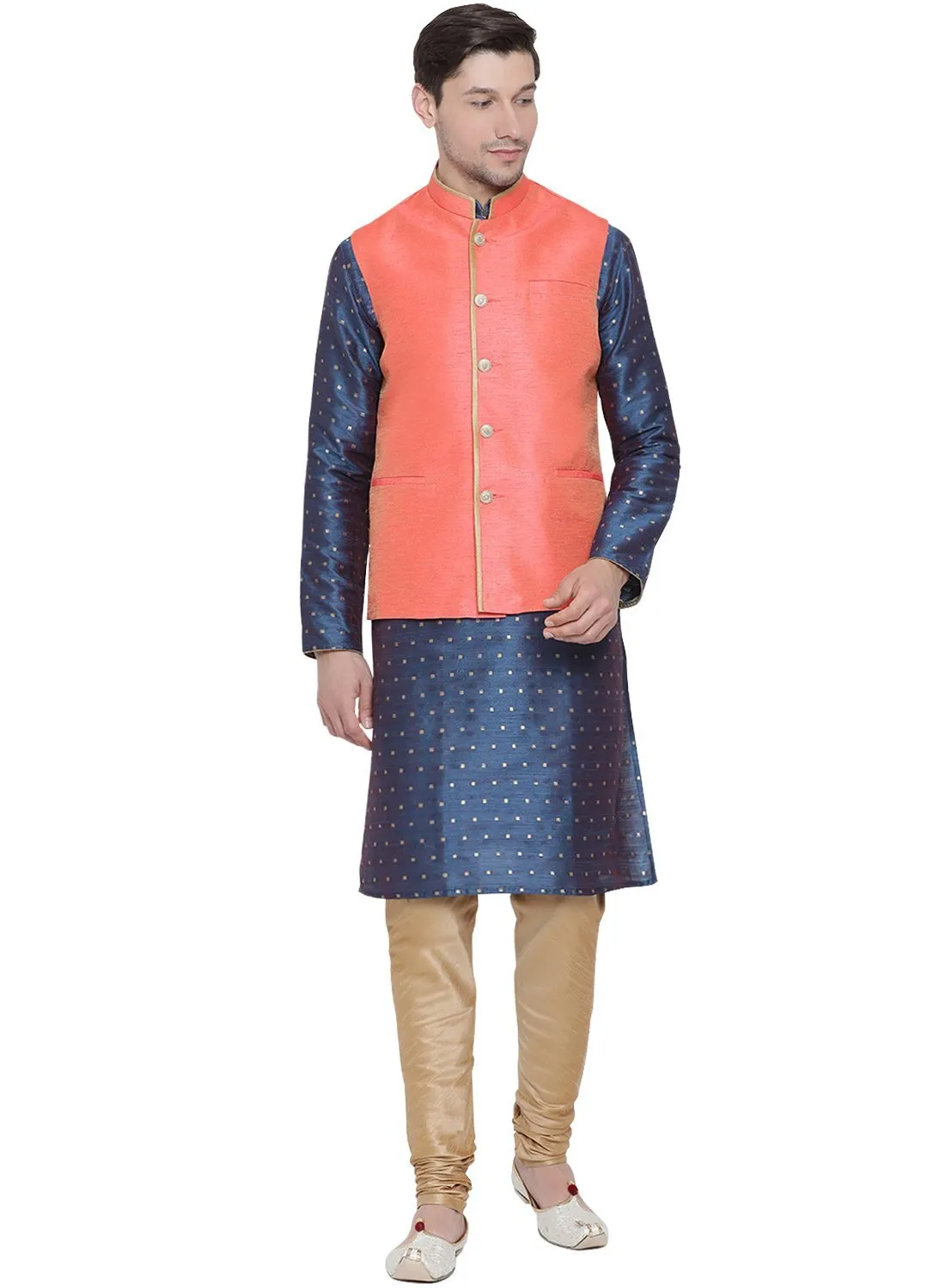 VASTRAMAY Men's Blue Cotton Silk Blend Kurta, Ethnic Jacket and Pyjama Set