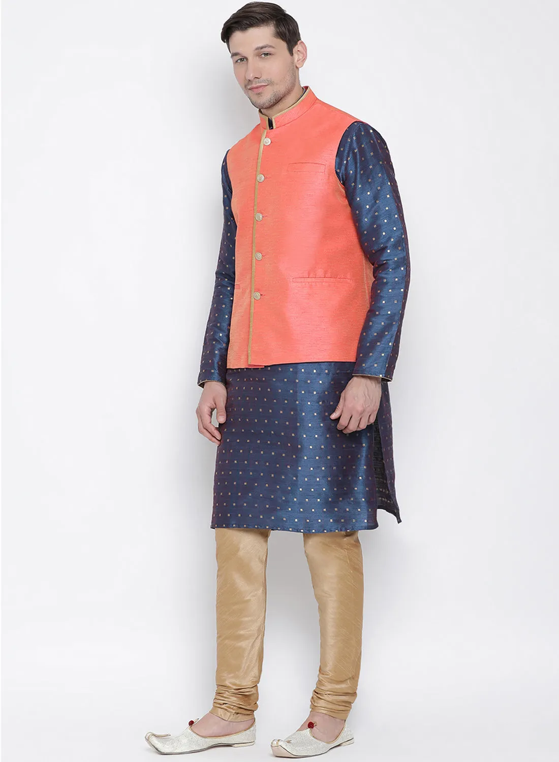 VASTRAMAY Men's Blue Cotton Silk Blend Kurta, Ethnic Jacket and Pyjama Set