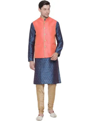 VASTRAMAY Men's Blue Cotton Silk Blend Kurta, Ethnic Jacket and Pyjama Set