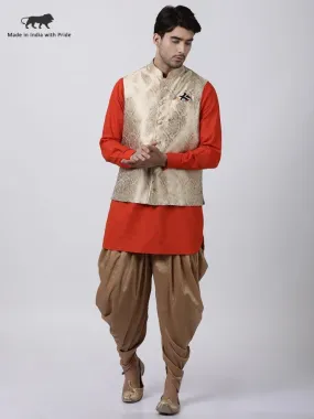 VASTRAMAY Men's Orange Cotton Silk Blend Ethnic Jacket, Kurta and Dhoti Pant Set