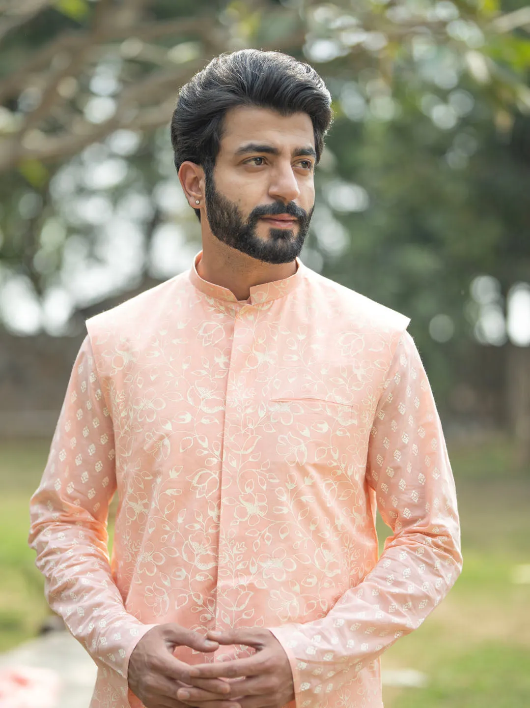 VASTRAMAY Men's Peach And White Cotton Jacket, Kurta and Pyjama Set