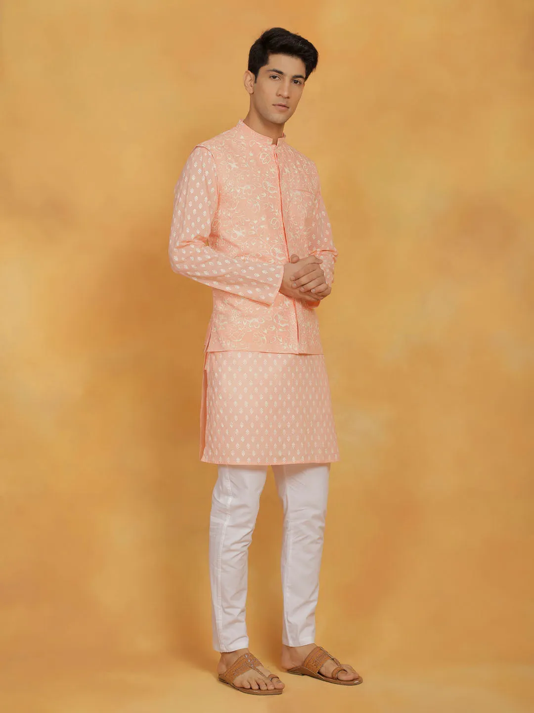 VASTRAMAY Men's Peach And White Cotton Jacket, Kurta and Pyjama Set