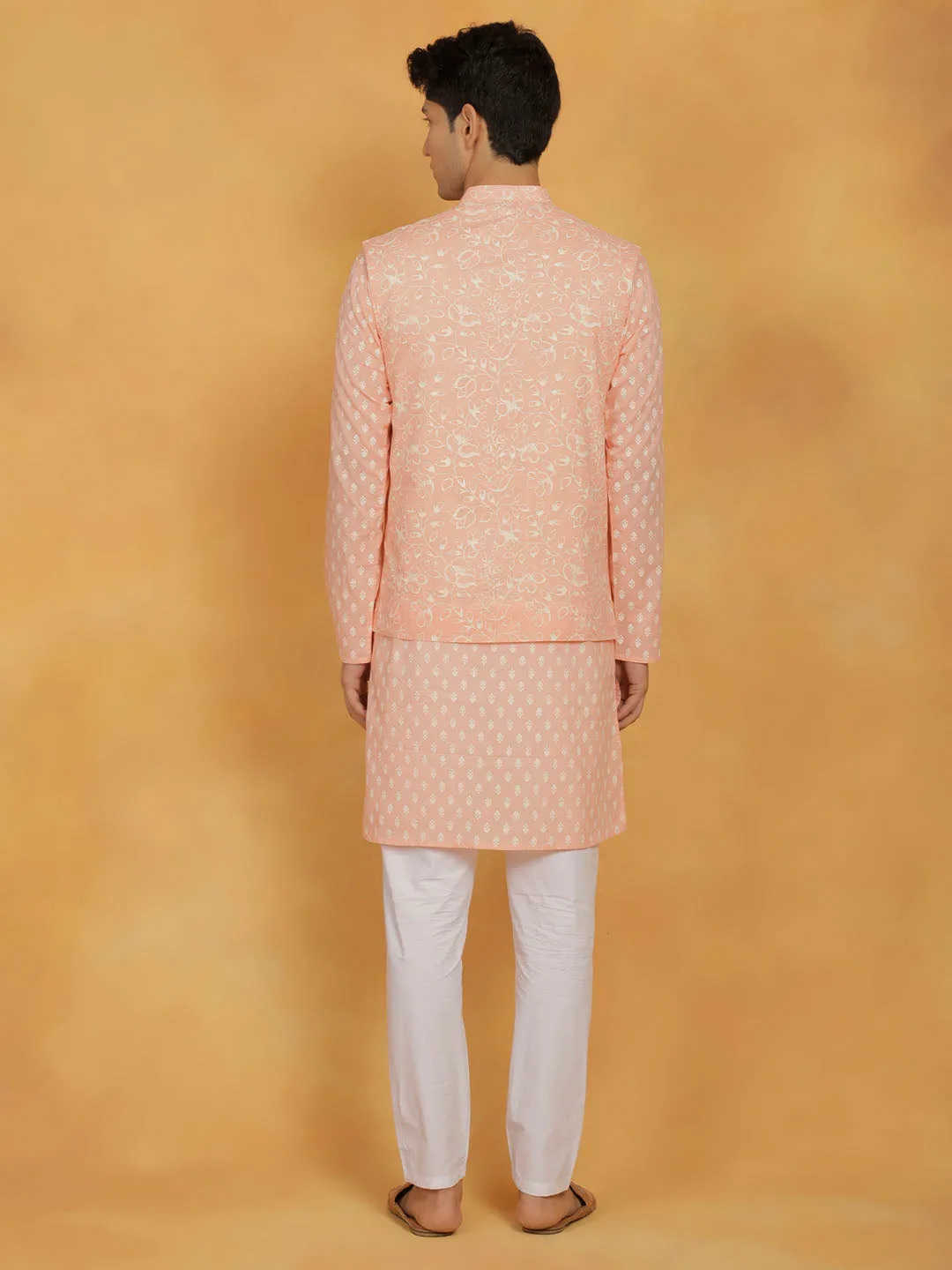 VASTRAMAY Men's Peach And White Cotton Jacket, Kurta and Pyjama Set