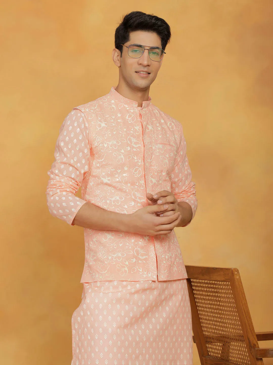 VASTRAMAY Men's Peach And White Cotton Jacket, Kurta and Pyjama Set