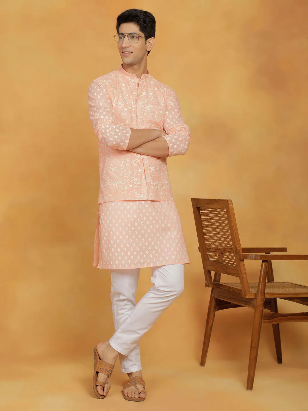 VASTRAMAY Men's Peach And White Cotton Jacket, Kurta and Pyjama Set