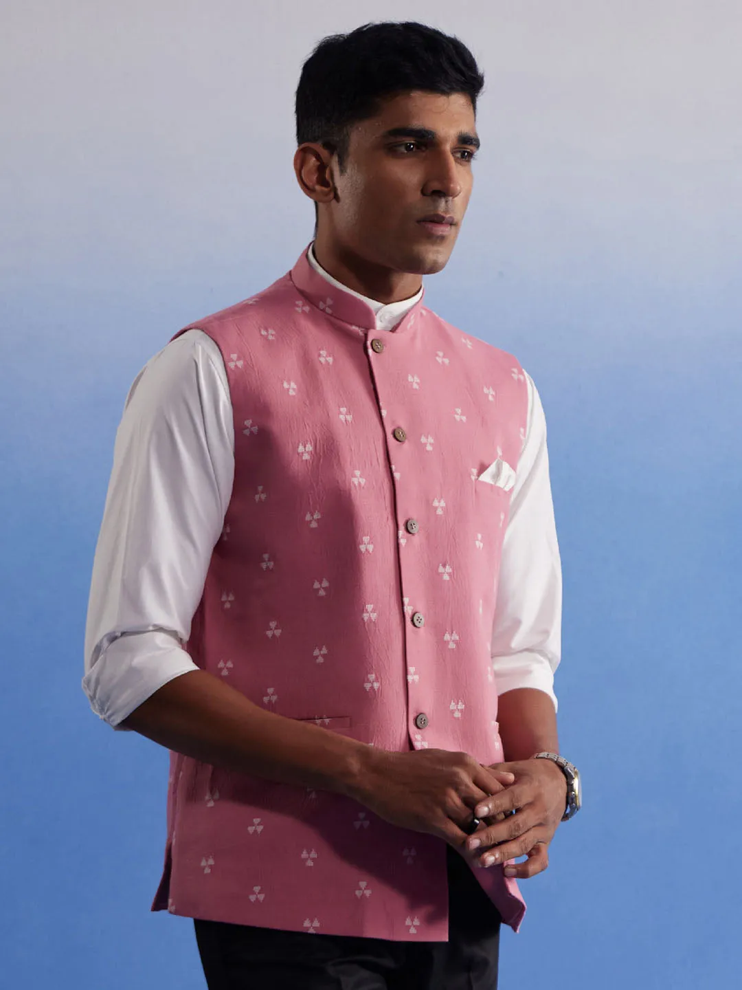 Vastramay Men's Pink Jacquard Nehru Jacket