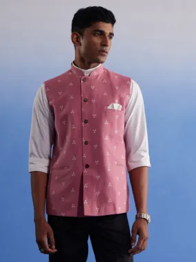 Vastramay Men's Pink Jacquard Nehru Jacket