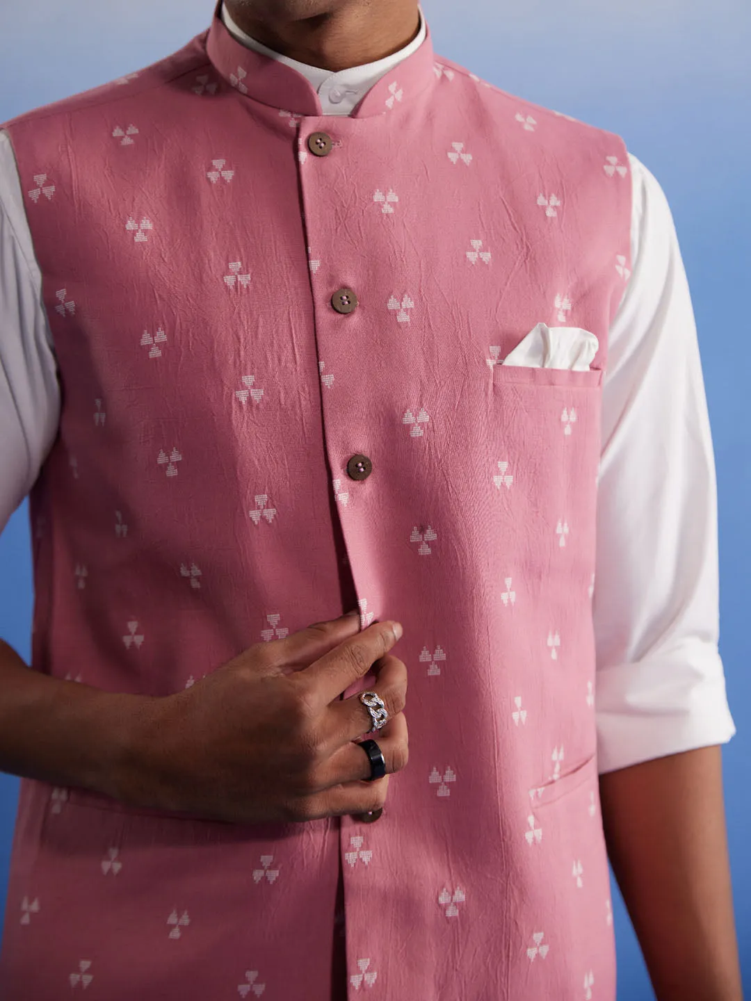 Vastramay Men's Pink Jacquard Nehru Jacket