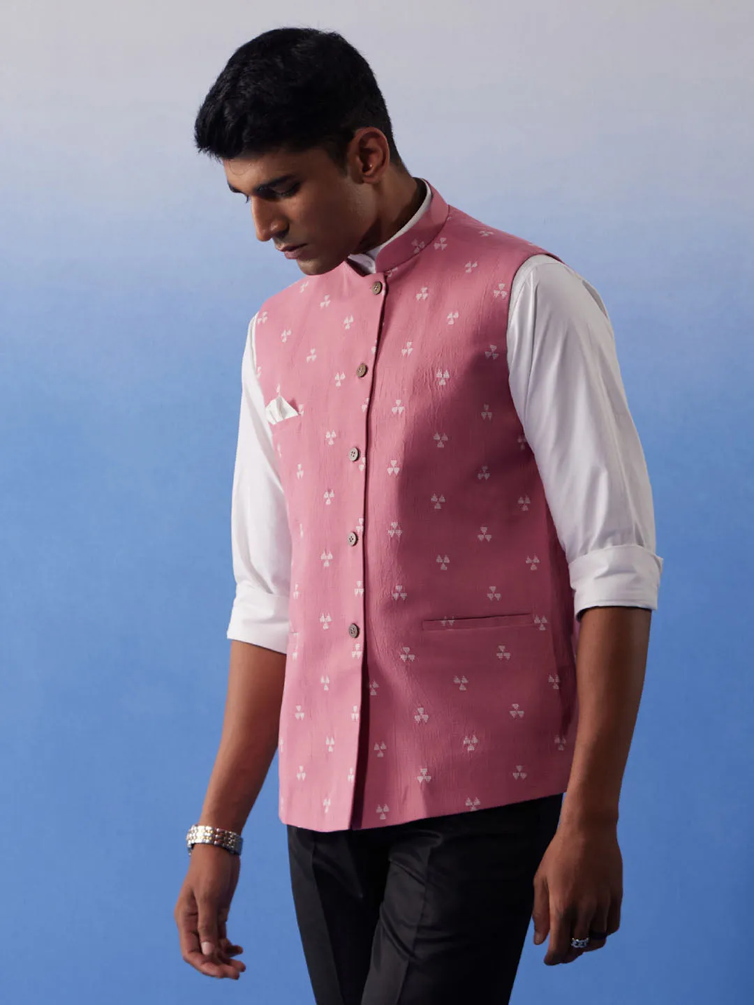 Vastramay Men's Pink Jacquard Nehru Jacket