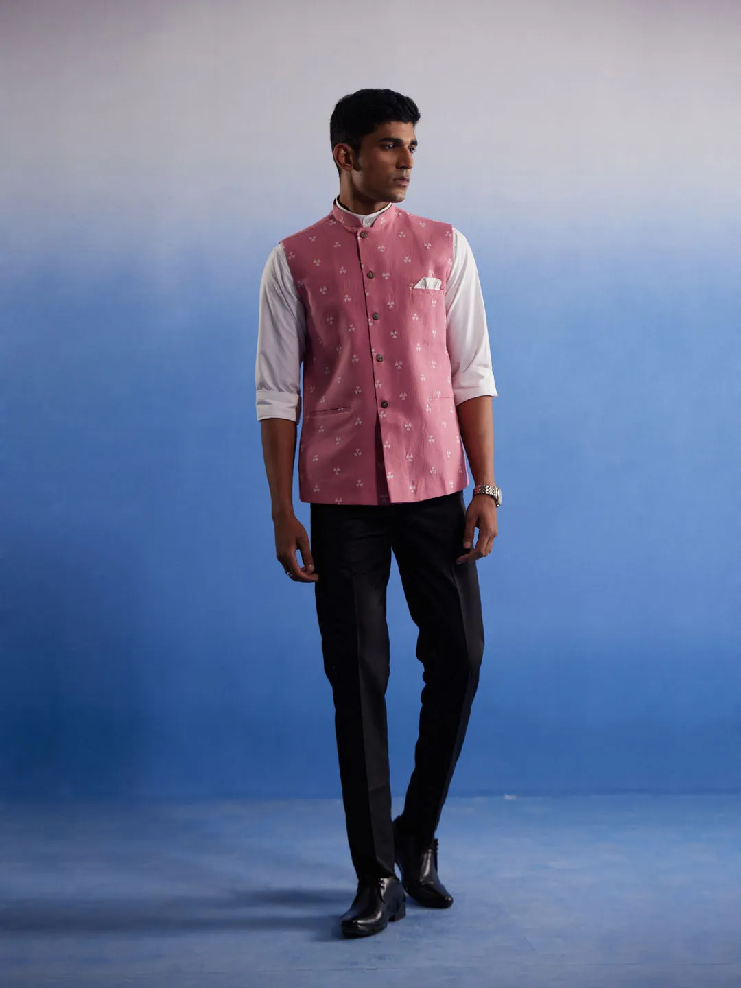 Vastramay Men's Pink Jacquard Nehru Jacket