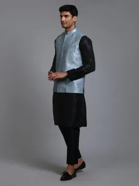 VM BY VASTRAMAY Men's Grey Embellished Jacket with Black Kurta Pant Set