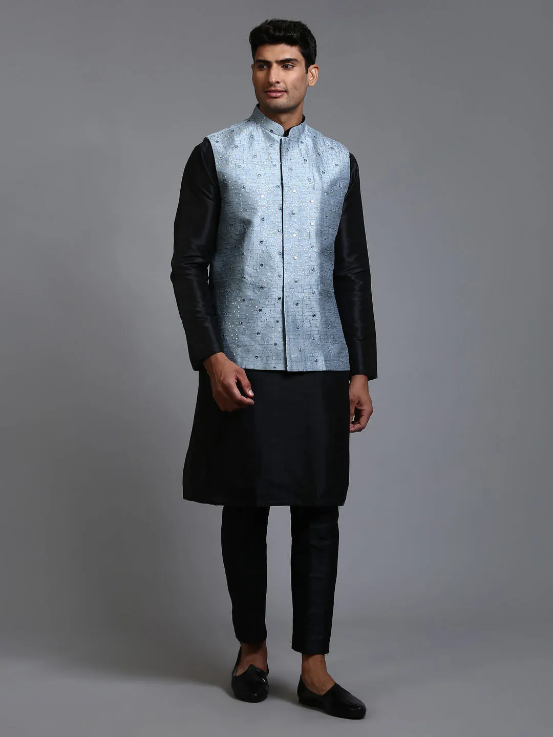 VM BY VASTRAMAY Men's Grey Embellished Jacket with Black Kurta Pant Set