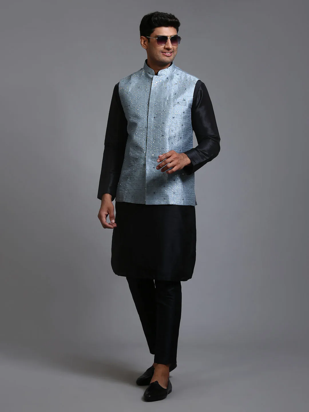 VM BY VASTRAMAY Men's Grey Embellished Jacket with Black Kurta Pant Set