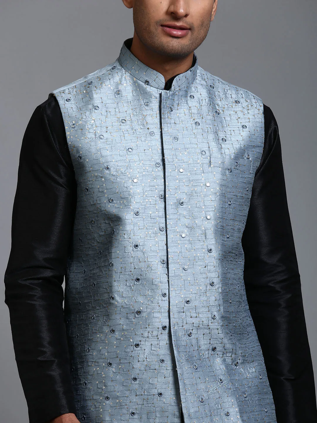 VM BY VASTRAMAY Men's Grey Embellished Jacket with Black Kurta Pant Set