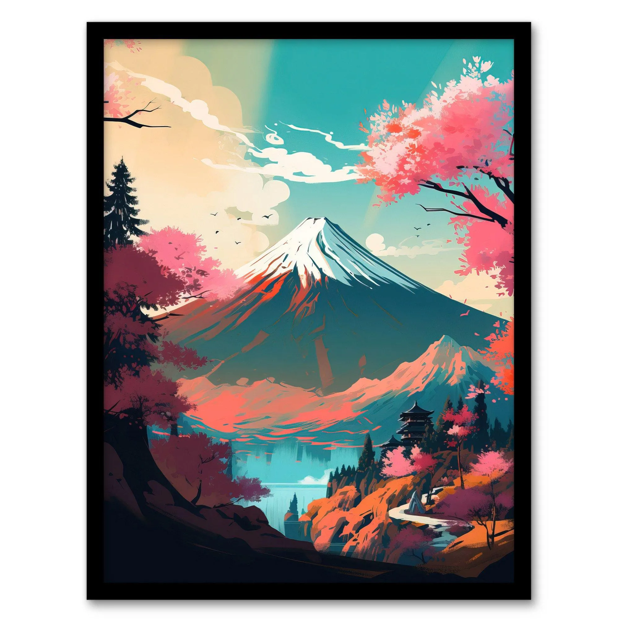 Wall Art & Pictures | Wall Art Print Mount Fuji View Through Cherry Blossom Trees Vibrant Painting Pink Orange Blue Path to 