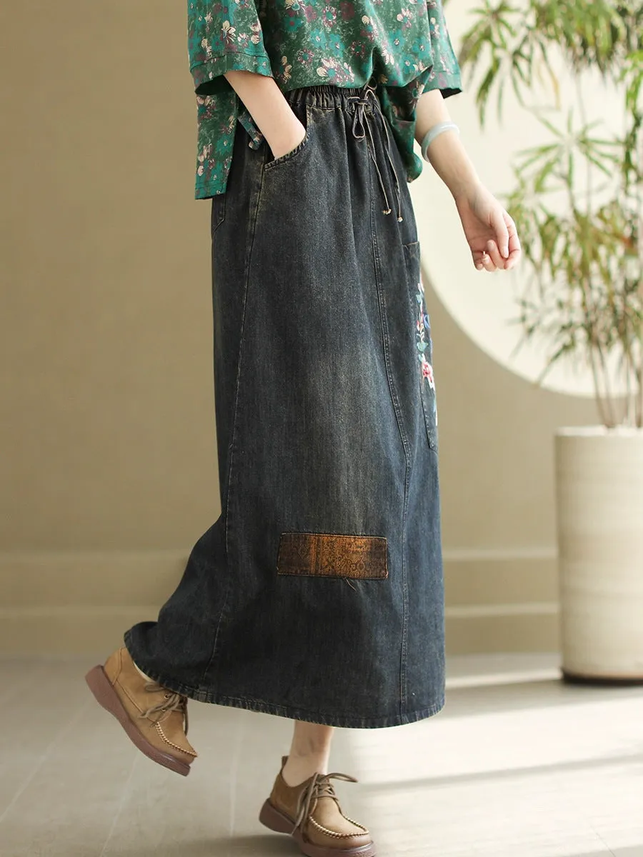 Women Artsy Flower Embroidery Denim Skirt CO1053