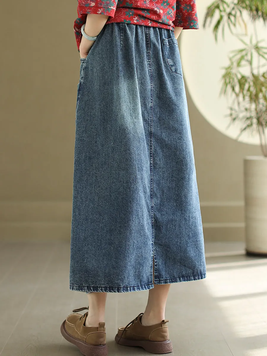 Women Artsy Flower Embroidery Denim Skirt CO1053