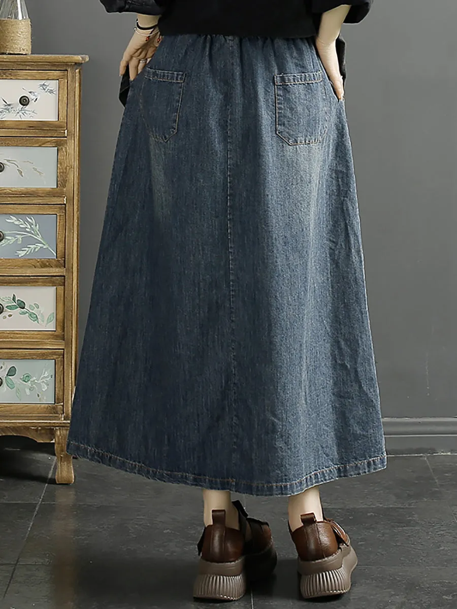 Women Summer Casual Cat Fish Embroidery Denim Skirt KL1008