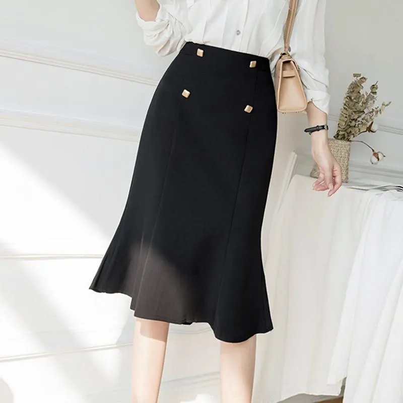 Women Summer High Waist Mermaid Skirts Office Style Double-breasted Ladies Elegant A-line Skirts