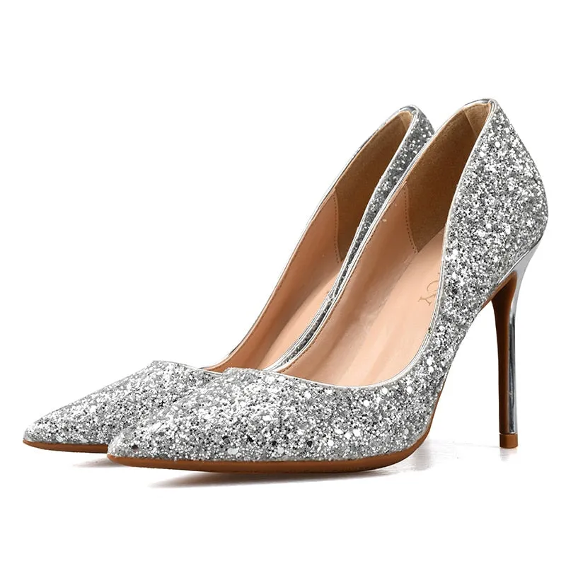 Women's Synthetic Leather Sequin Pointed Toe High-Heel Pumps