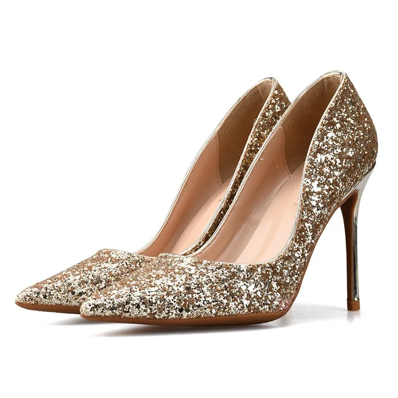 Women's Synthetic Leather Sequin Pointed Toe High-Heel Pumps