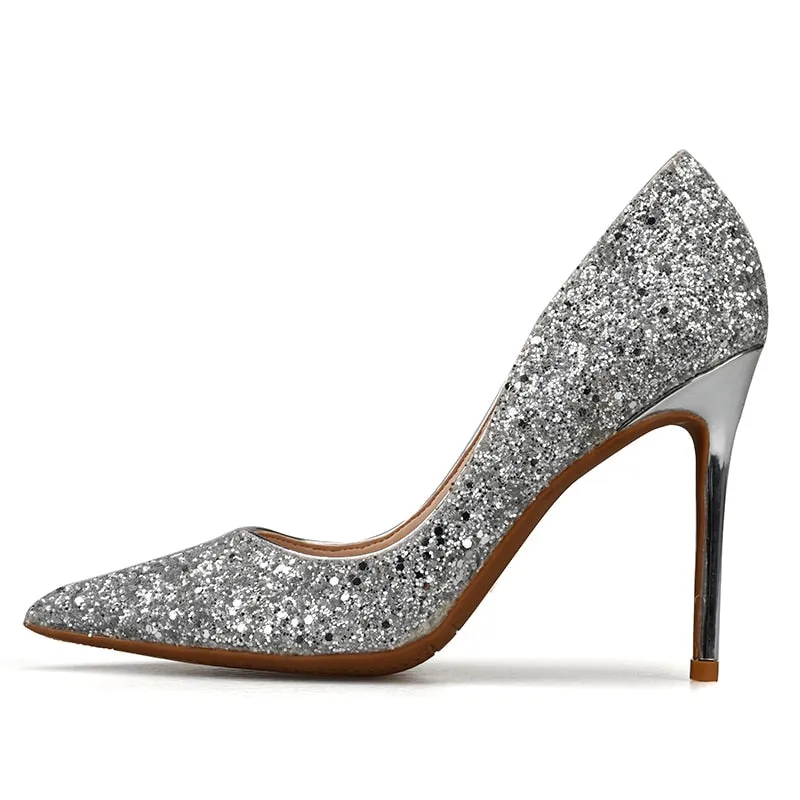 Women's Synthetic Leather Sequin Pointed Toe High-Heel Pumps