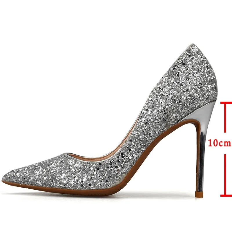 Women's Synthetic Leather Sequin Pointed Toe High-Heel Pumps