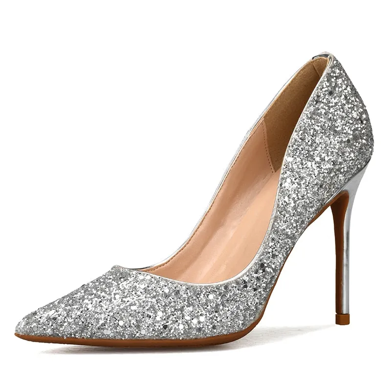 Women's Synthetic Leather Sequin Pointed Toe High-Heel Pumps